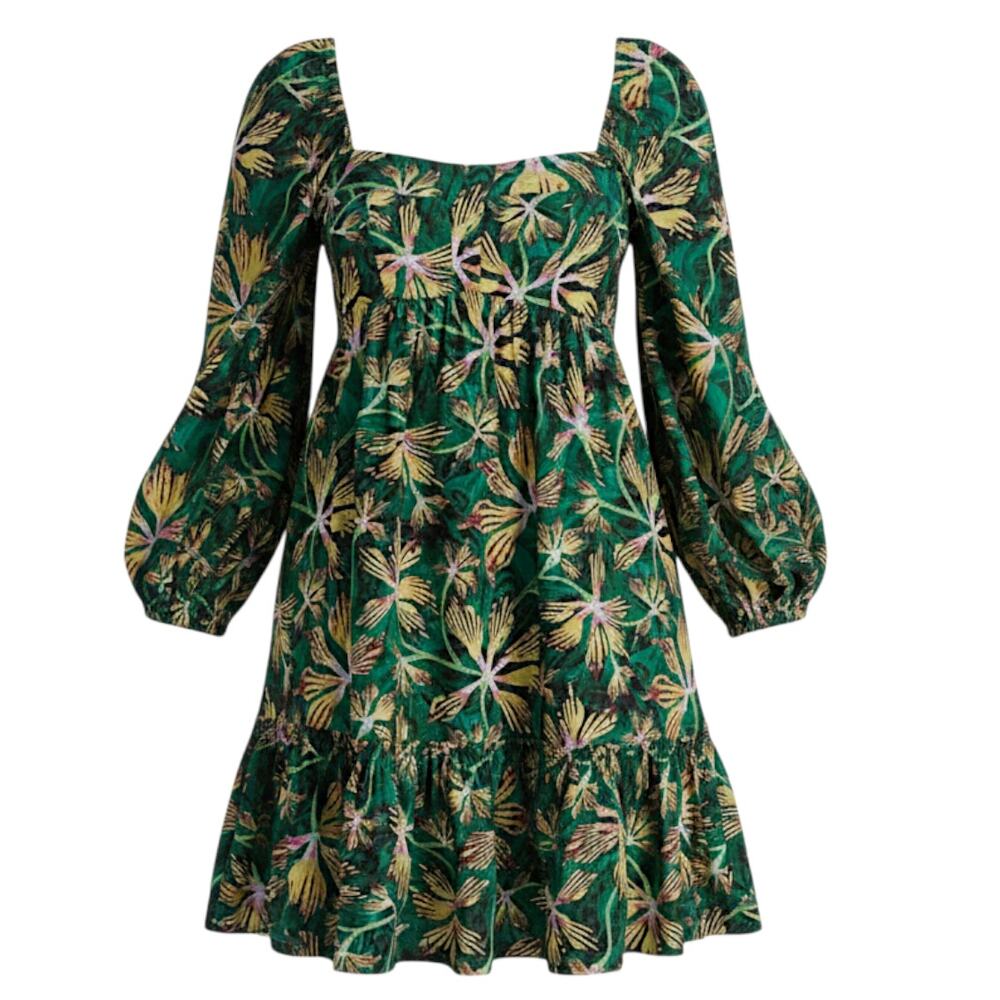 ULLA JOHNSON Green Floral Mini Dress NEW Size 12 Square‎ Neck Tiered Ruffle Boho